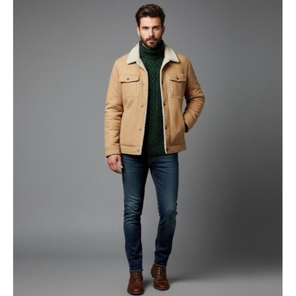 Old Navy Mens Coat M Tan Beige Faux Suede Snap Button Sherpa Lined  Size - Picture 1 of 10